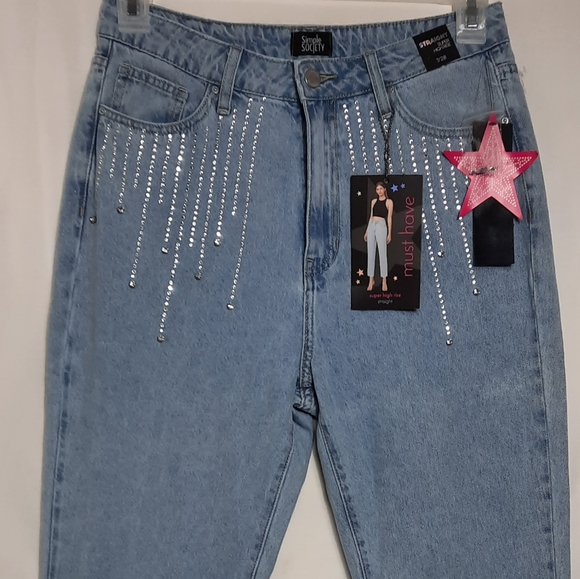 Simple Society Juniors Jeans High Rise Straight Light Wash Size 7/28 Rhinestones - Picture 7 of 7